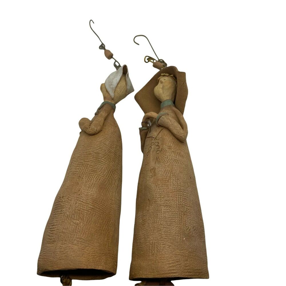 Farmer Figurines Hanging Pottery Bells Hand Crafted Brown Charming Primitive